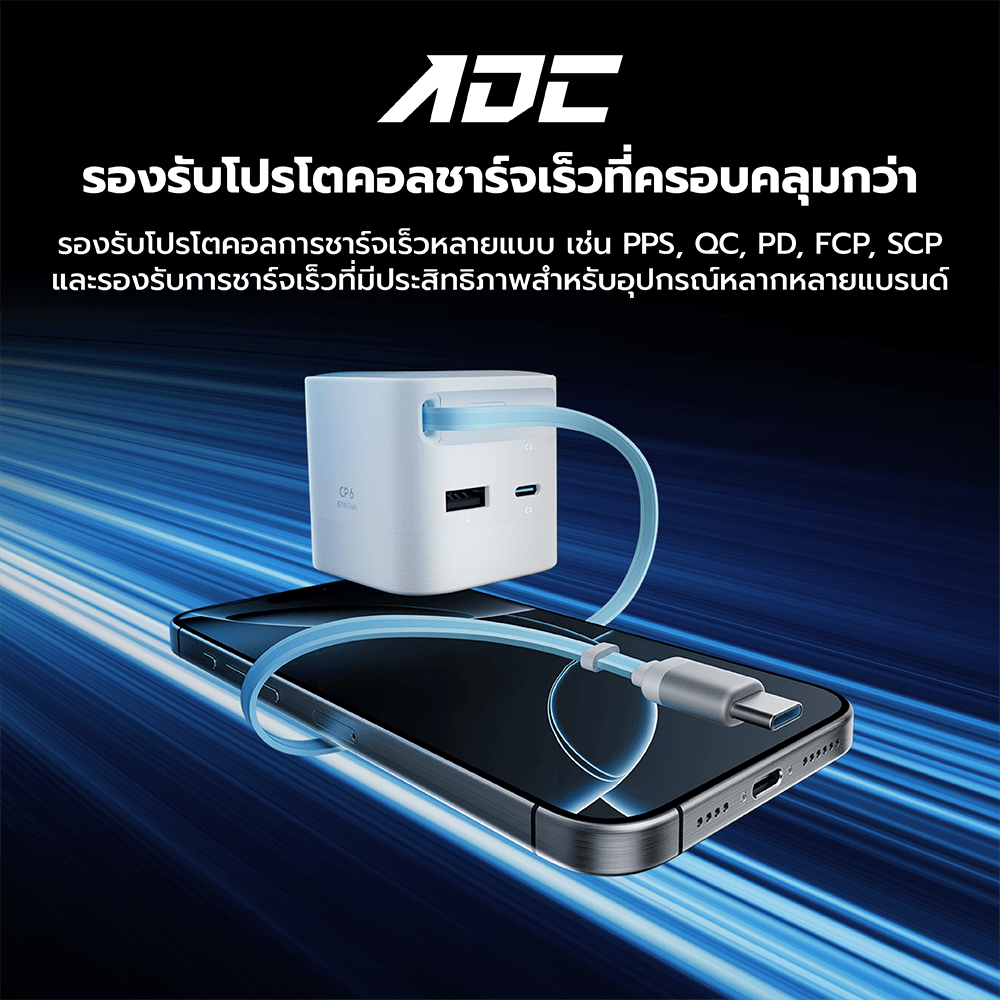หัวชาร์จเร็วพร้อมสาย CUKTECH AD653W สีดำ GAN 65W รองรับ PD, PPS, QC